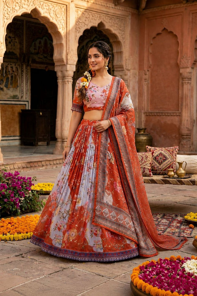 Rust Floral Printed Silk Lehenga (ACA8755)