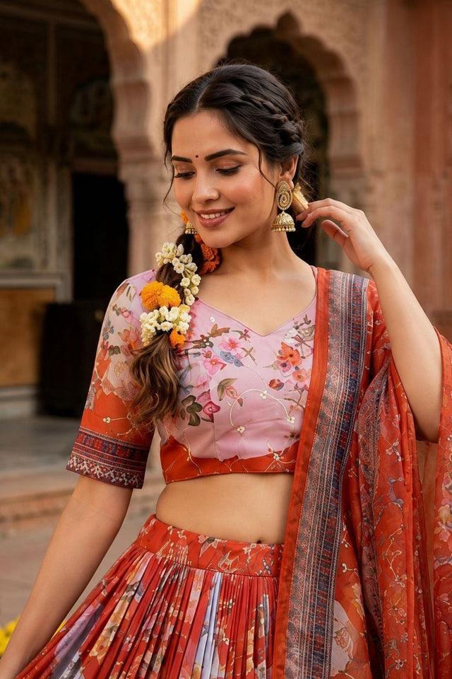 Rust Floral Printed Silk Lehenga (ACA8755)