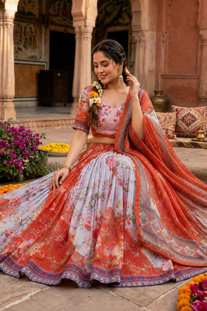 Rust Floral Printed Silk Lehenga (ACA8755)