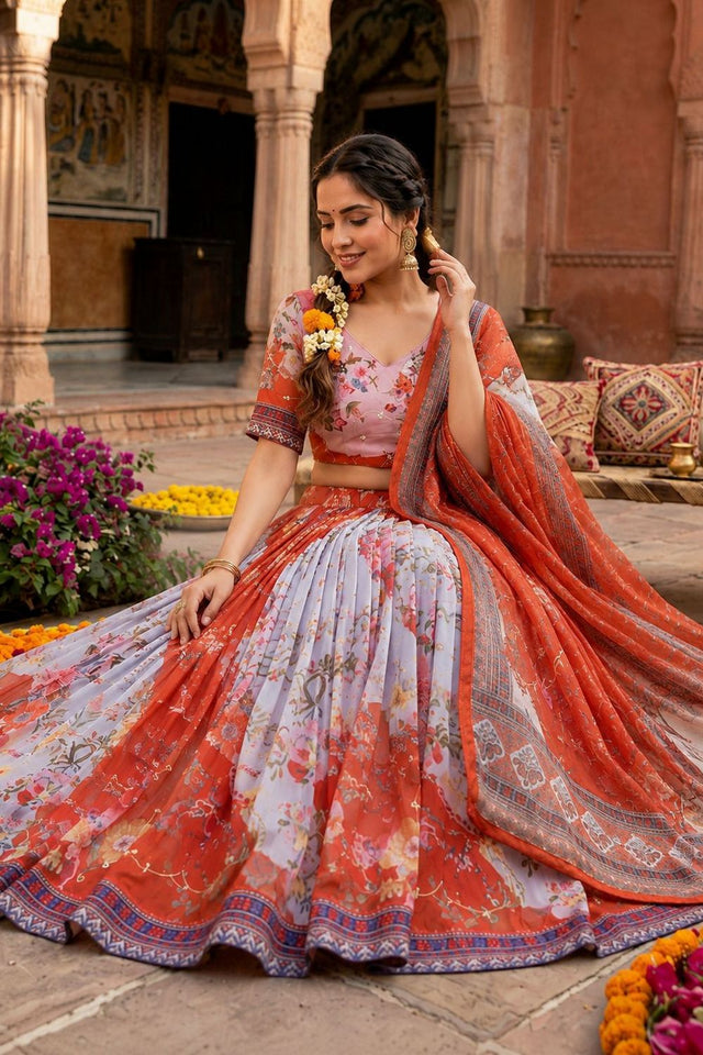Rust Floral Printed Silk Lehenga (ACA8755)