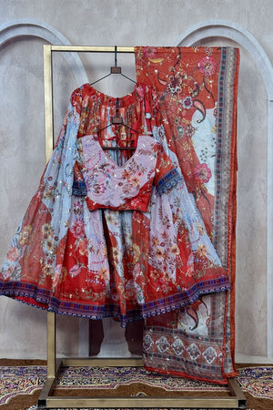 Rust Floral Printed Silk Lehenga (ACA8755)