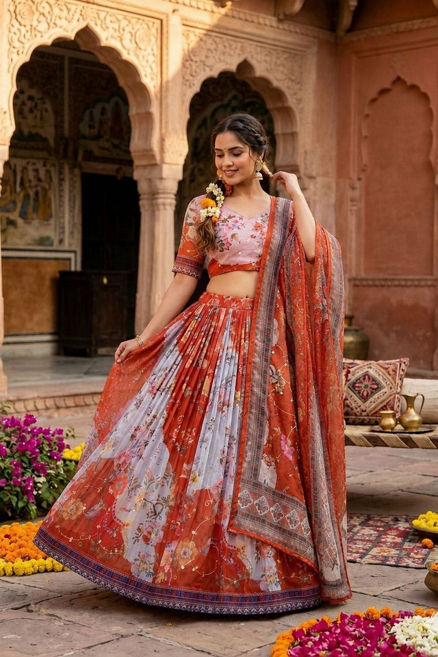 Rust Floral Printed Silk Lehenga (ACA8755)