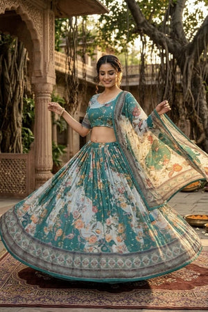 Turquoise Floral Printed Silk Lehenga (ACA8756)