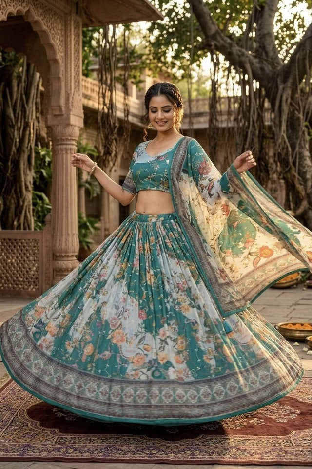 Turquoise Floral Printed Silk Lehenga (ACA8756)