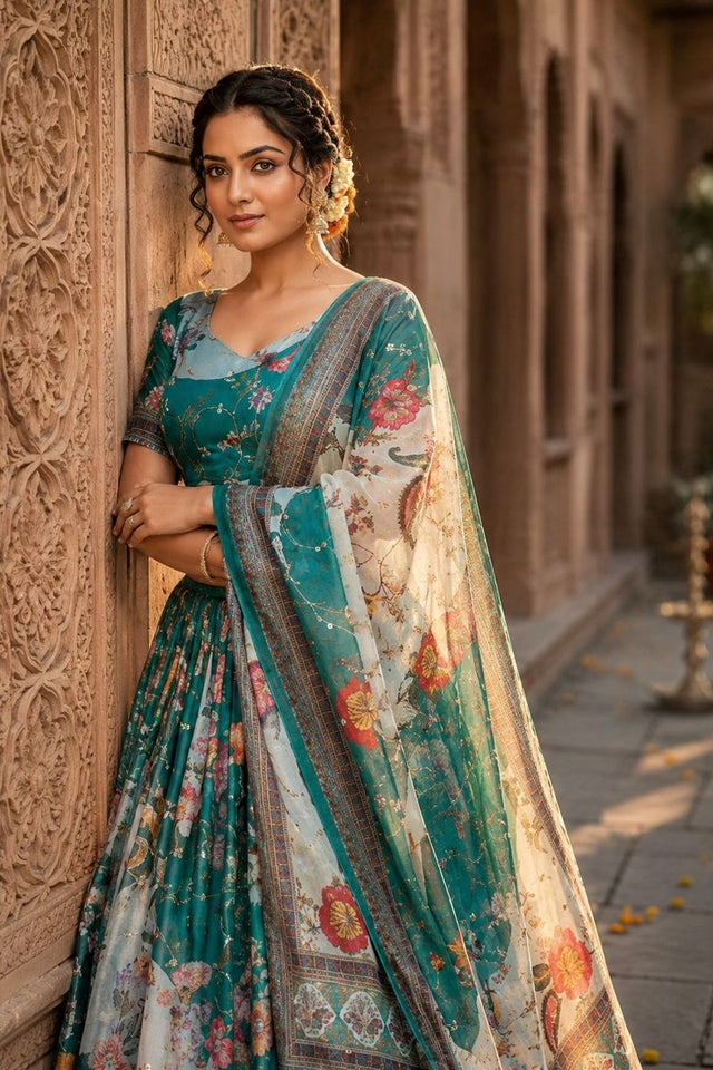 Turquoise Floral Printed Silk Lehenga (ACA8756)