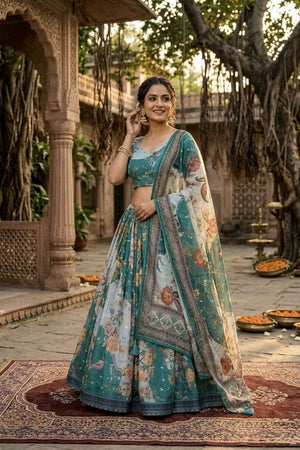 Turquoise Floral Printed Silk Lehenga (ACA8756)