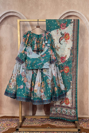 Turquoise Floral Printed Silk Lehenga (ACA8756)