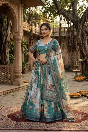 Turquoise Floral Printed Silk Lehenga (ACA8756)