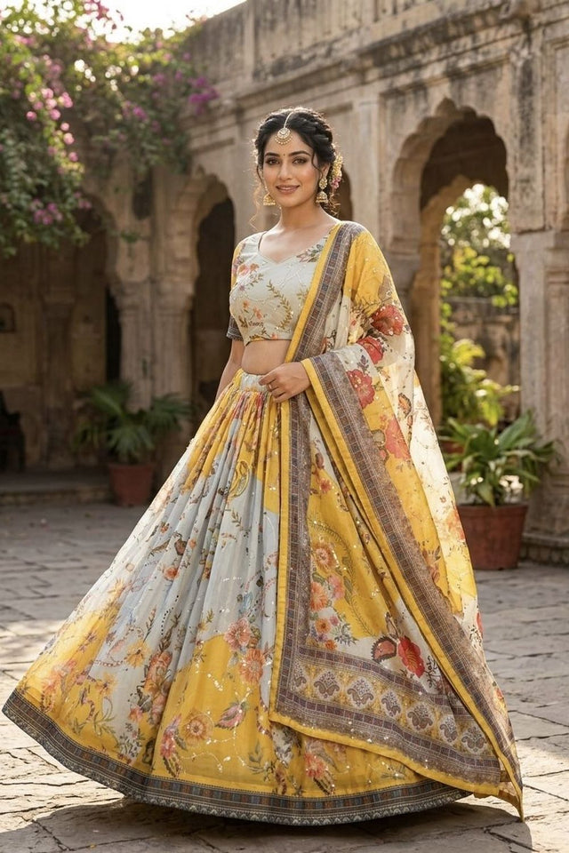 Yellow Floral Printed Silk Lehenga (ACA8757)