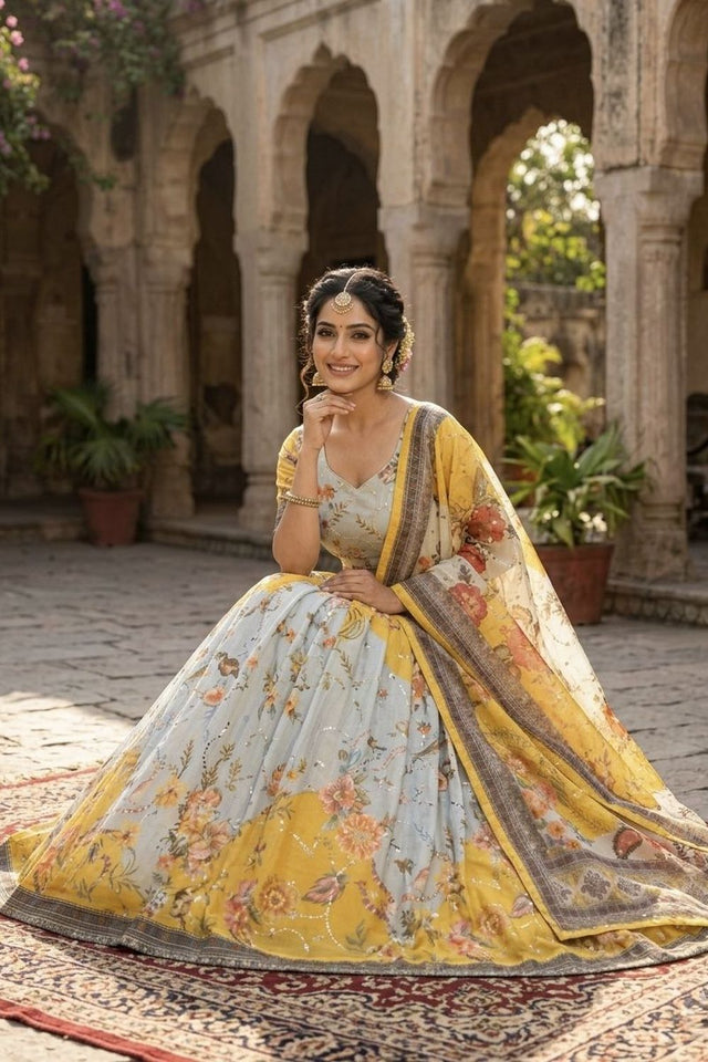 Yellow Floral Printed Silk Lehenga (ACA8757)