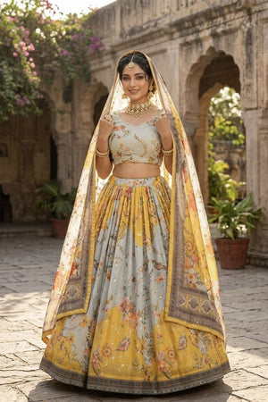 Yellow Floral Printed Silk Lehenga (ACA8757)