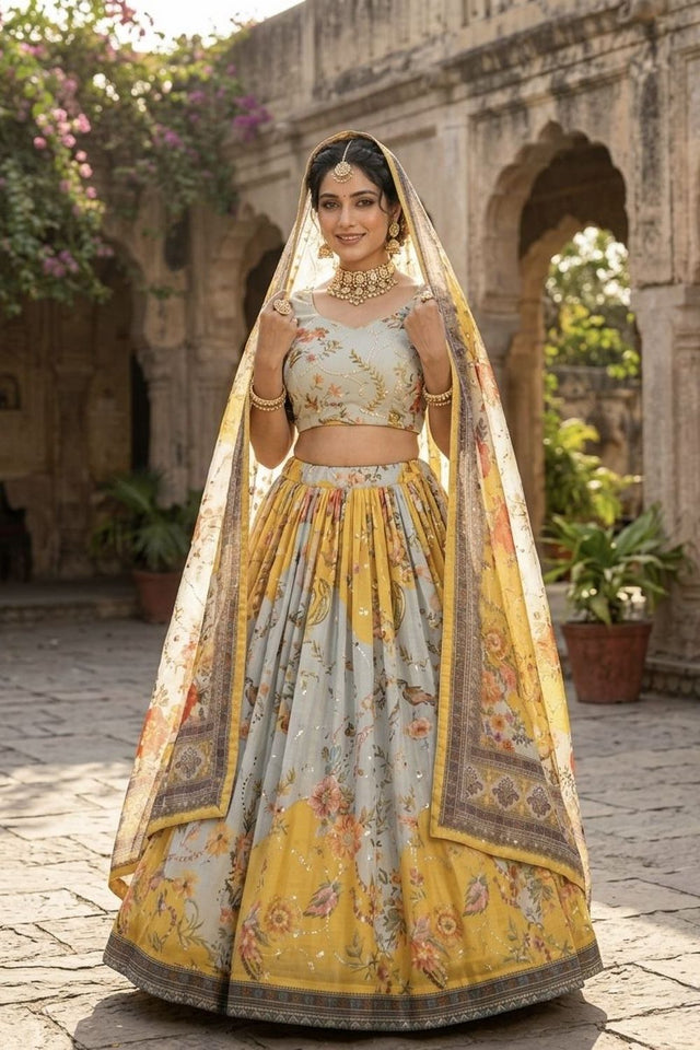 Yellow Floral Printed Silk Lehenga (ACA8757)
