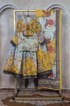 Yellow Floral Printed Silk Lehenga (ACA8757)