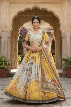 Yellow Floral Printed Silk Lehenga (ACA8757)