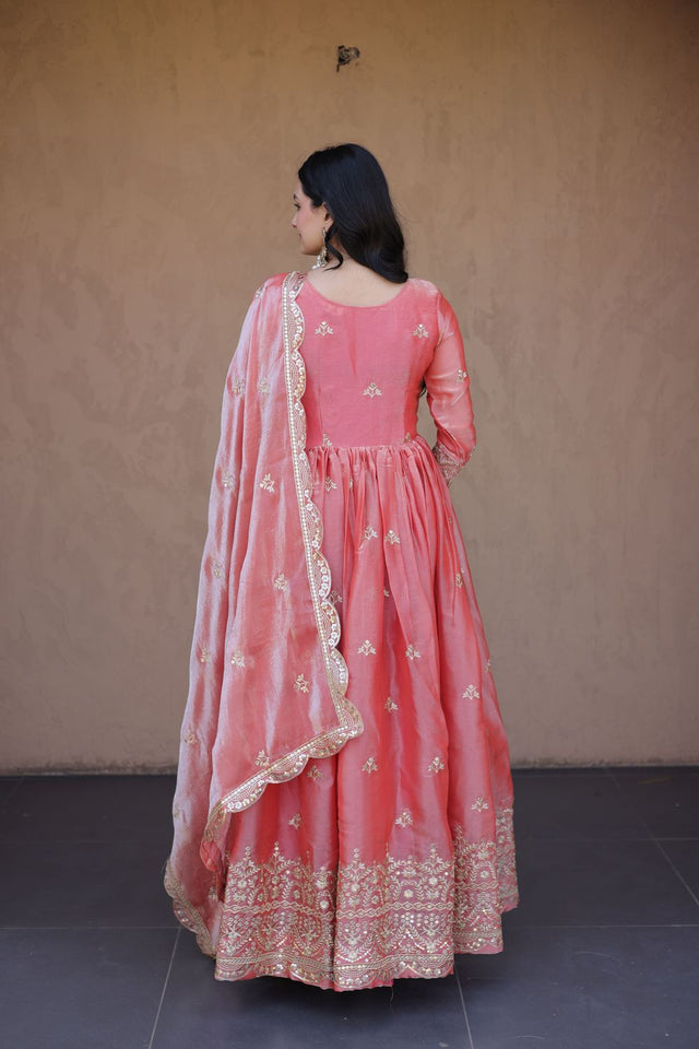 Peach Embroidered with Mirror Work Silk Gown (ACA8758)