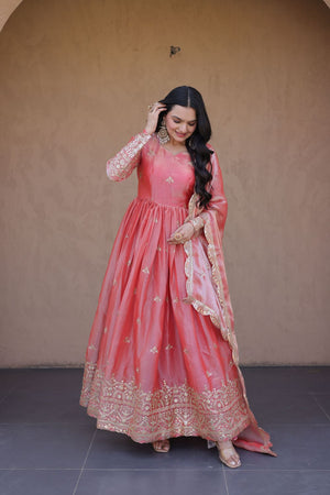 Peach Embroidered with Mirror Work Silk Gown (ACA8758)