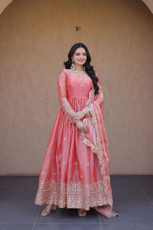Peach Embroidered with Mirror Work Silk Gown (ACA8758)