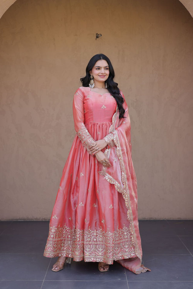 Peach Embroidered with Mirror Work Silk Gown (ACA8758)