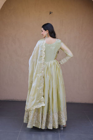 Green Embroidered with Mirror Work Silk Gown (ACA8759)