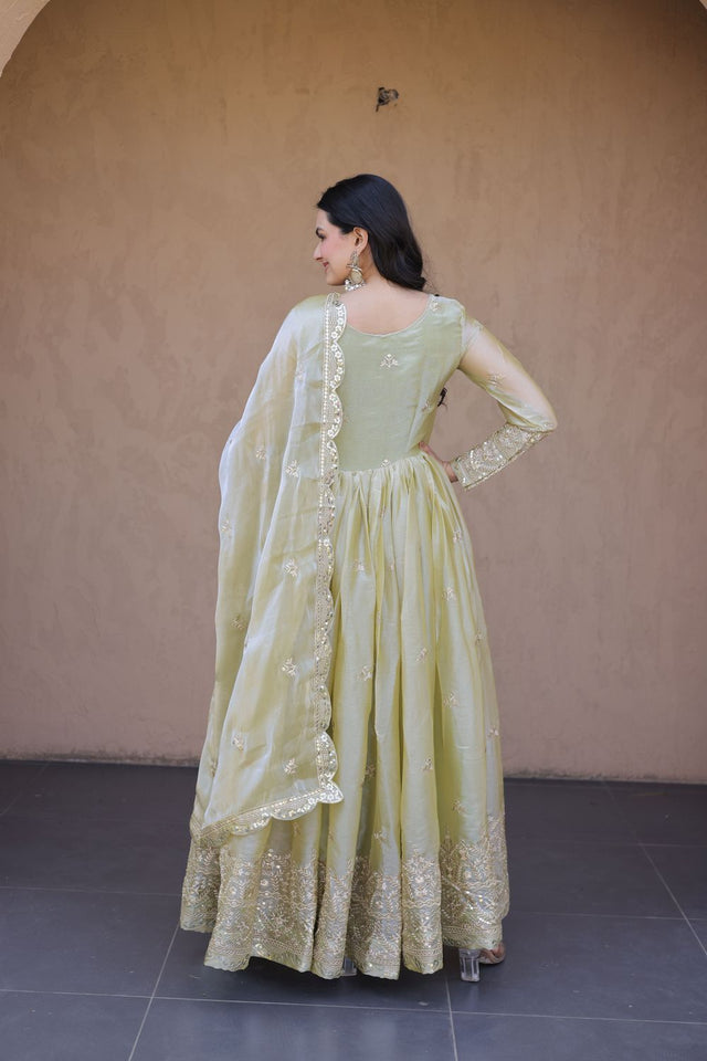 Green Embroidered with Mirror Work Silk Gown (ACA8759)