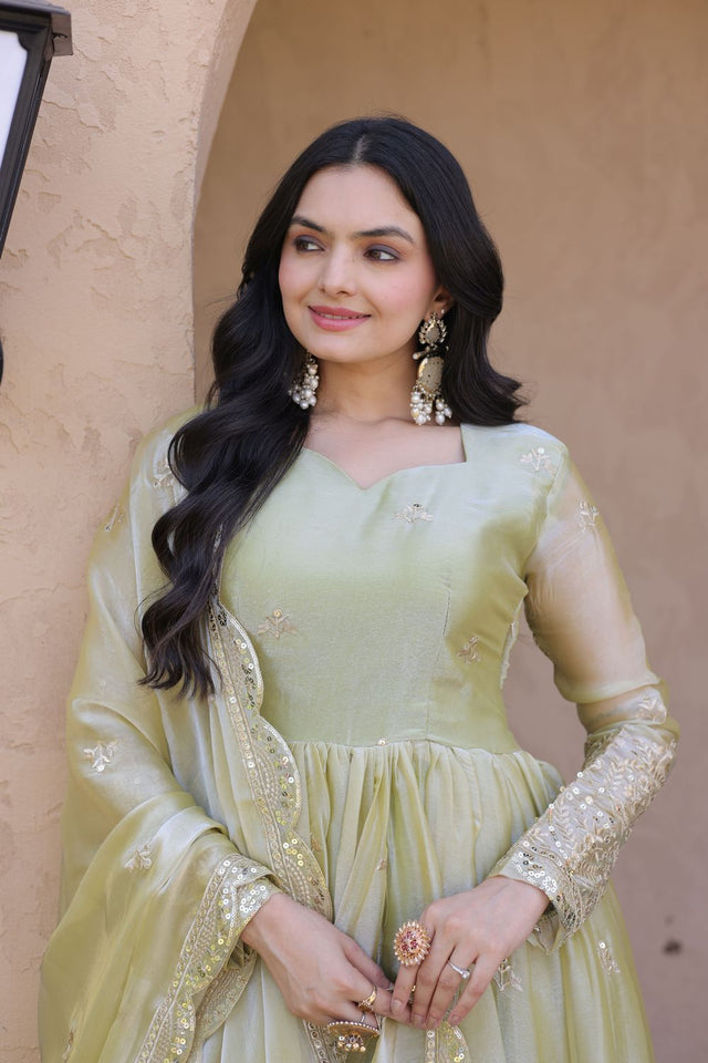 Green Embroidered with Mirror Work Silk Gown (ACA8759)