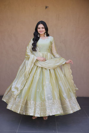 Green Embroidered with Mirror Work Silk Gown (ACA8759)