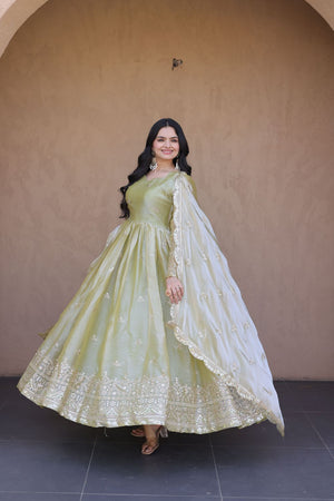 Green Embroidered with Mirror Work Silk Gown (ACA8759)