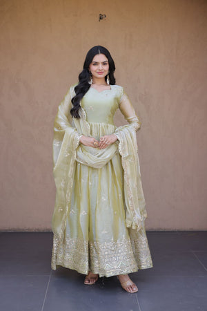 Green Embroidered with Mirror Work Silk Gown (ACA8759)