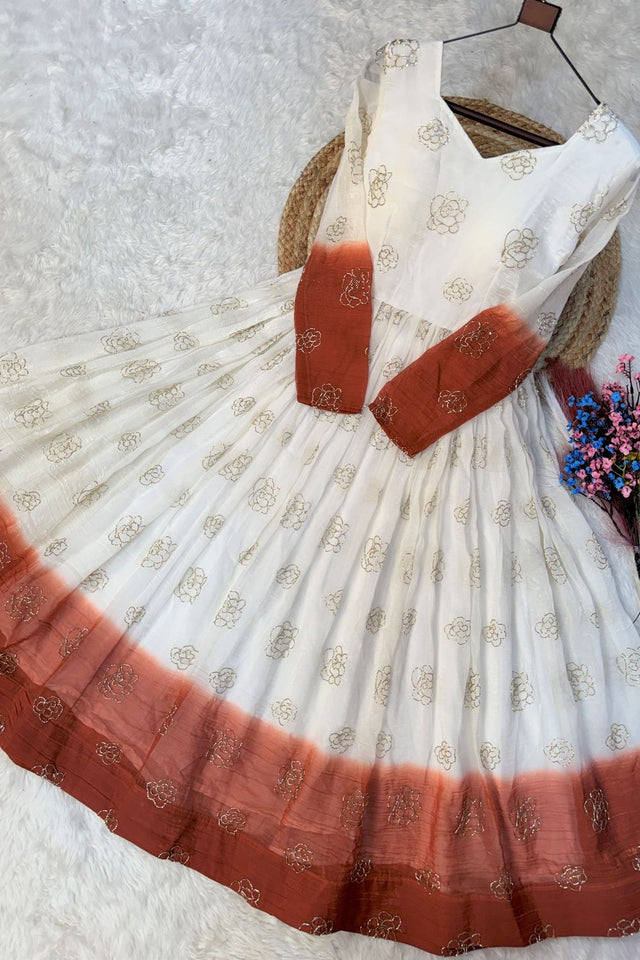 Rust Floral Printed Crunchy Gown (ACA8760)