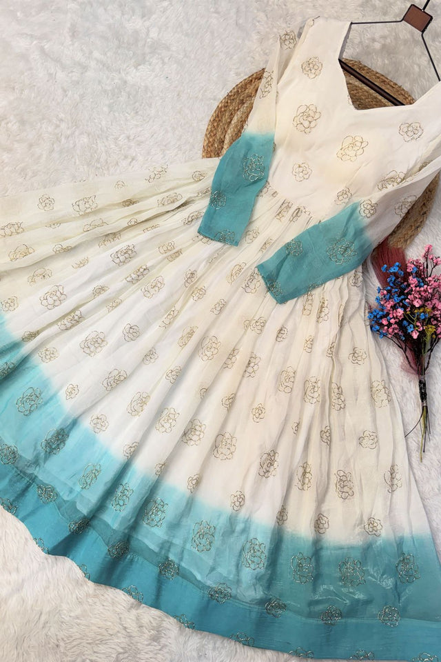Blue Floral Printed Cotton Gown (ACA8762)