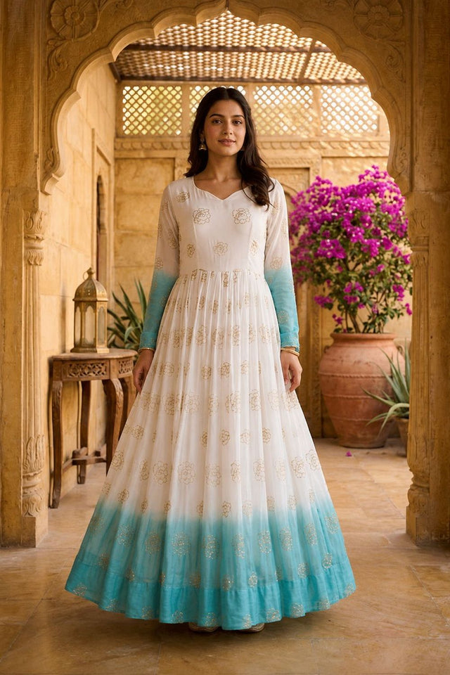 Blue Floral Printed Cotton Gown (ACA8762)