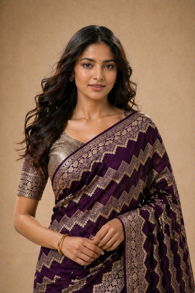 Wine Woven Georgette Saree (ACA8763)
