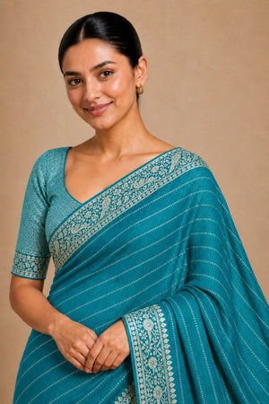 Turquoise Woven Chiffon Saree (ACA8773)