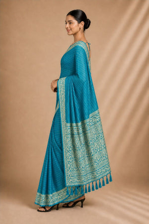 Turquoise Woven Chiffon Saree (ACA8773)