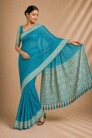 Turquoise Woven Chiffon Saree (ACA8773)