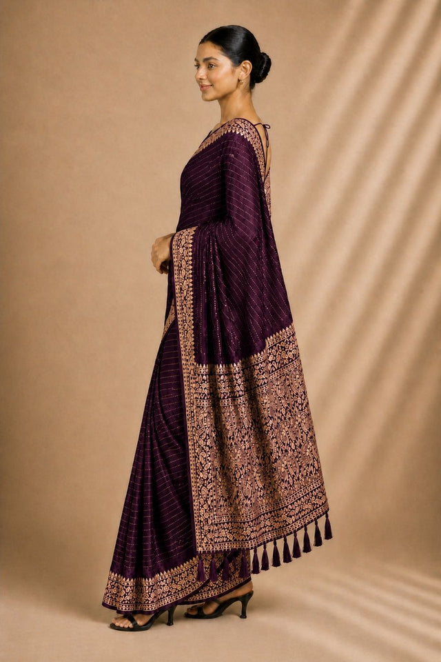 Wine Woven Chiffon Saree (ACA8774)