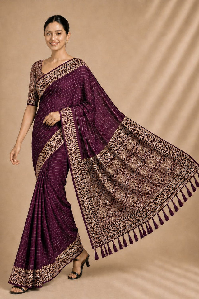 Wine Woven Chiffon Saree (ACA8774)
