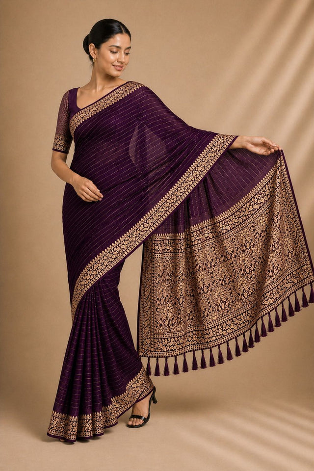 Wine Woven Chiffon Saree (ACA8774)
