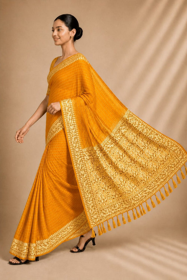 Yellow Woven Chiffon Saree (ACA8775)