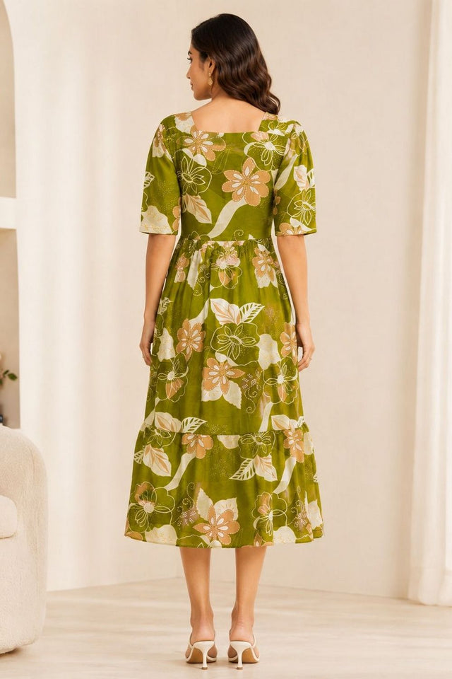Green Floral Printed Cotton Blend Dresses (ACA8776)