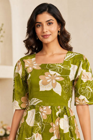 Green Floral Printed Cotton Blend Dresses (ACA8776)