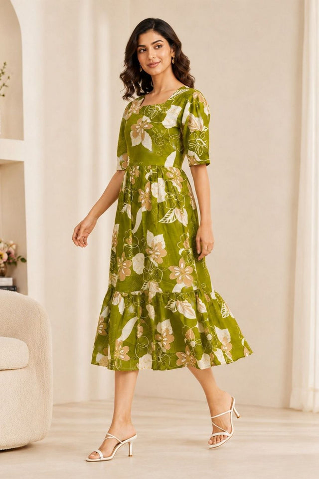 Green Floral Printed Cotton Blend Dresses (ACA8776)