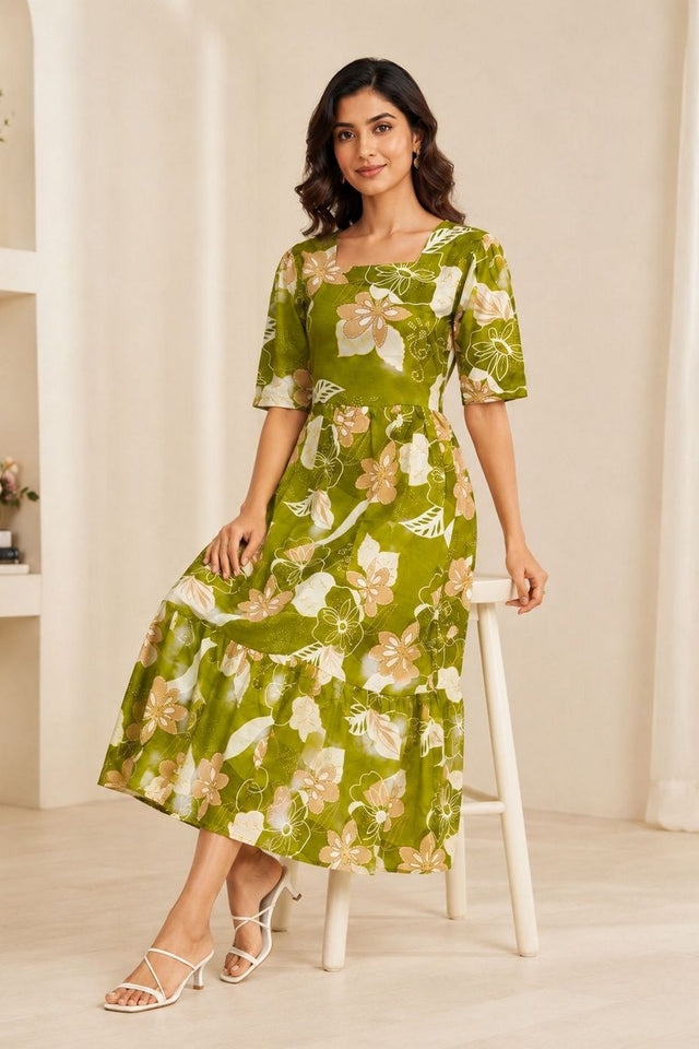 Green Floral Printed Cotton Blend Dresses (ACA8776)