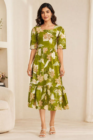 Green Floral Printed Cotton Blend Dresses (ACA8776)