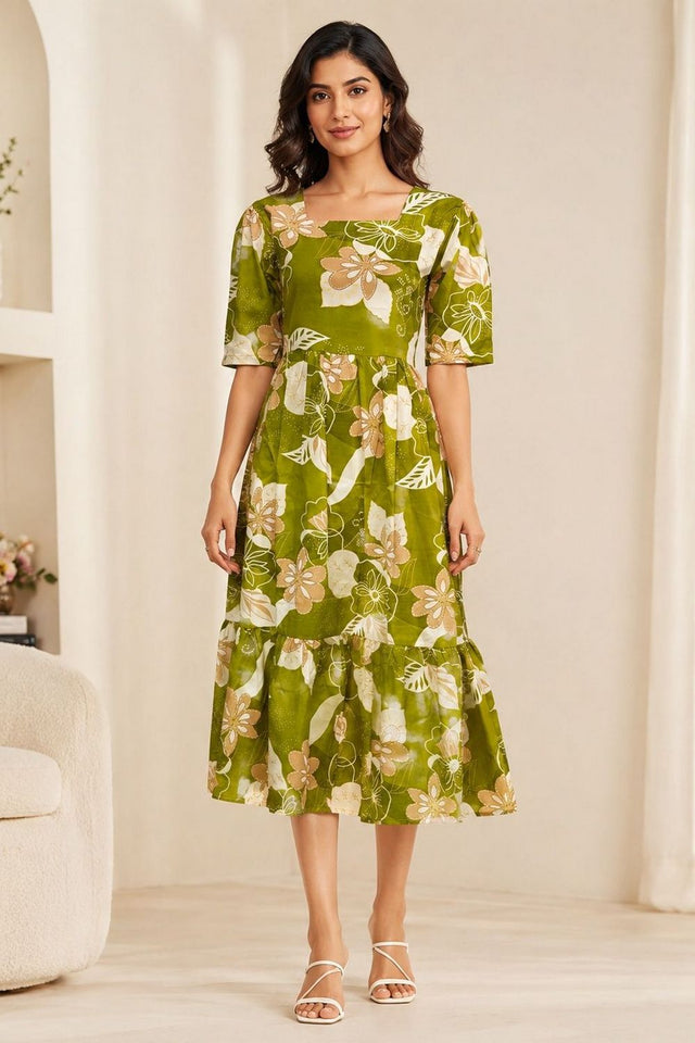 Green Floral Printed Cotton Blend Dresses (ACA8776)