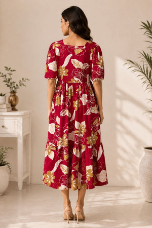 Red Floral Printed Cotton Blend Dresses (ACA8777)