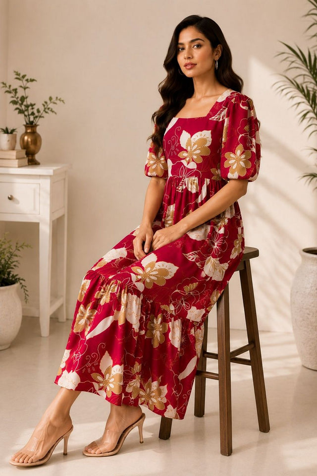 Red Floral Printed Cotton Blend Dresses (ACA8777)