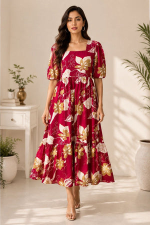 Red Floral Printed Cotton Blend Dresses (ACA8777)