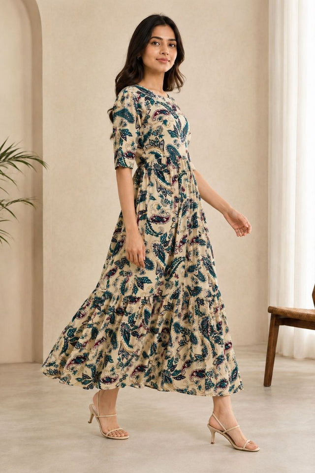 Turquoise Printed Rayon Dresses (ACA8779)