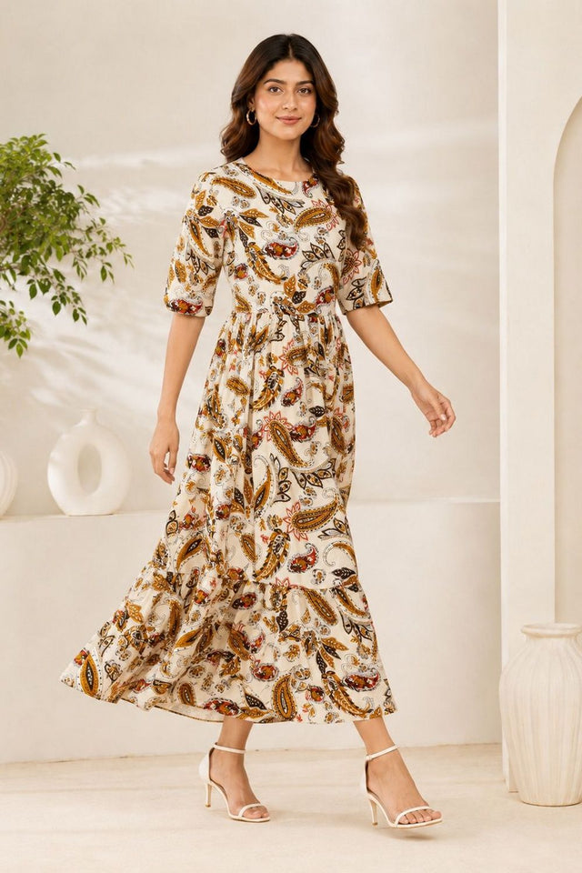 Yellow Printed Rayon Dresses (ACA8781)